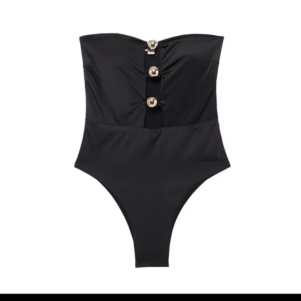 Swimsuit One Piece Back Bodycon Swimwear Black and gold rings Strapless Swimsuit - Picture 2 of 3